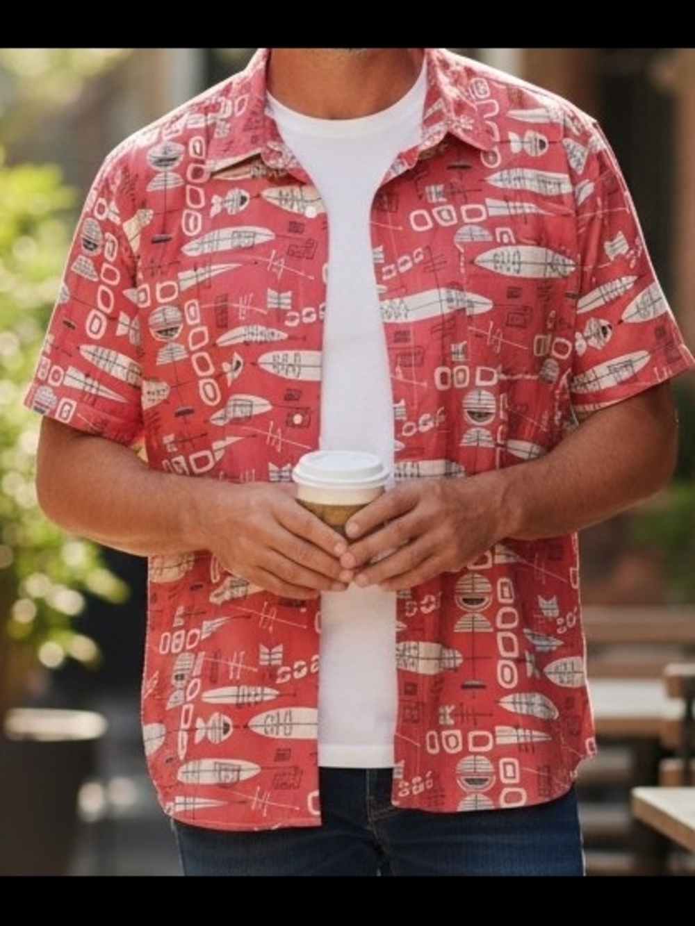 Mens MISSLOOK Orange Beige Hawaiian Short-Sleeve Artistic Button-Down Shirt L